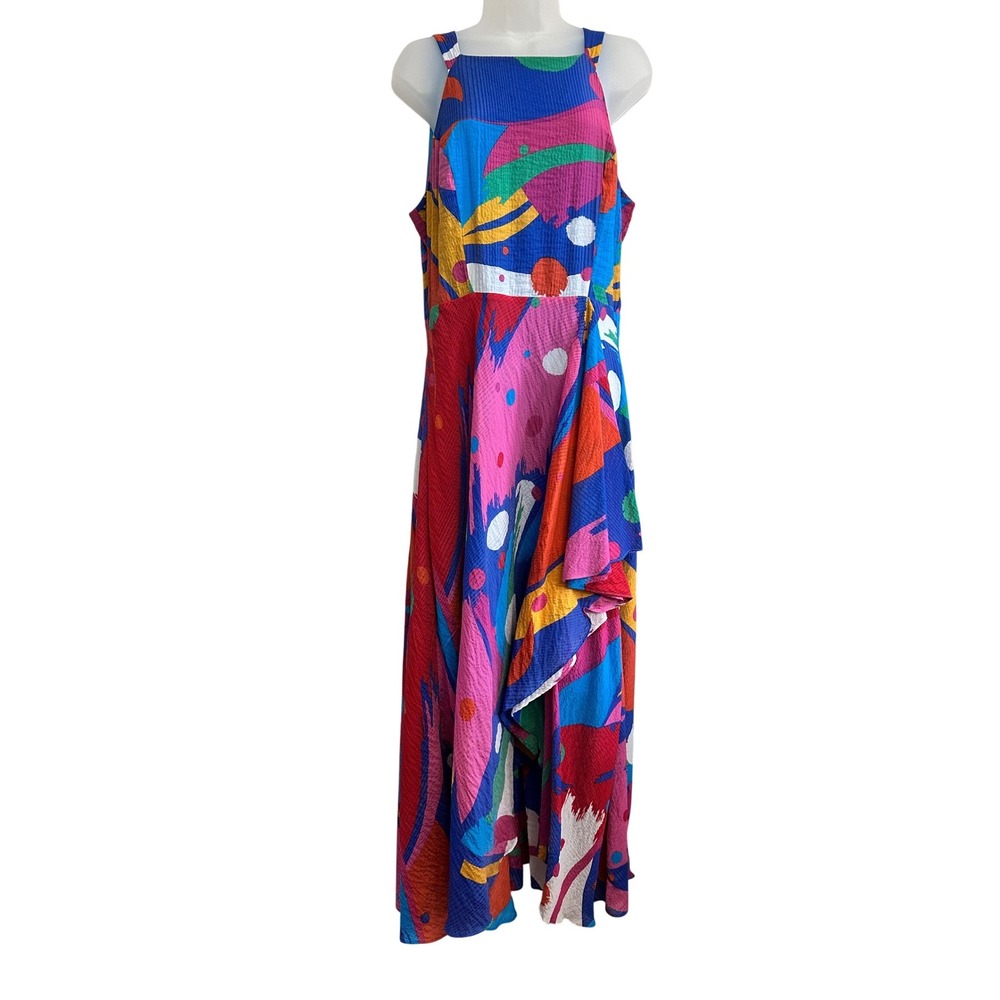 Coconinno Womens XL Abstract‎ Print High Low Maxi Dress Multi Color CF5755SM